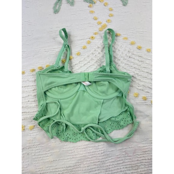 Colsie Corset Crop Top Green Ribbed Eyelet Lace Up Tie Back Adjustable Strap S - Picture 5 of 11
